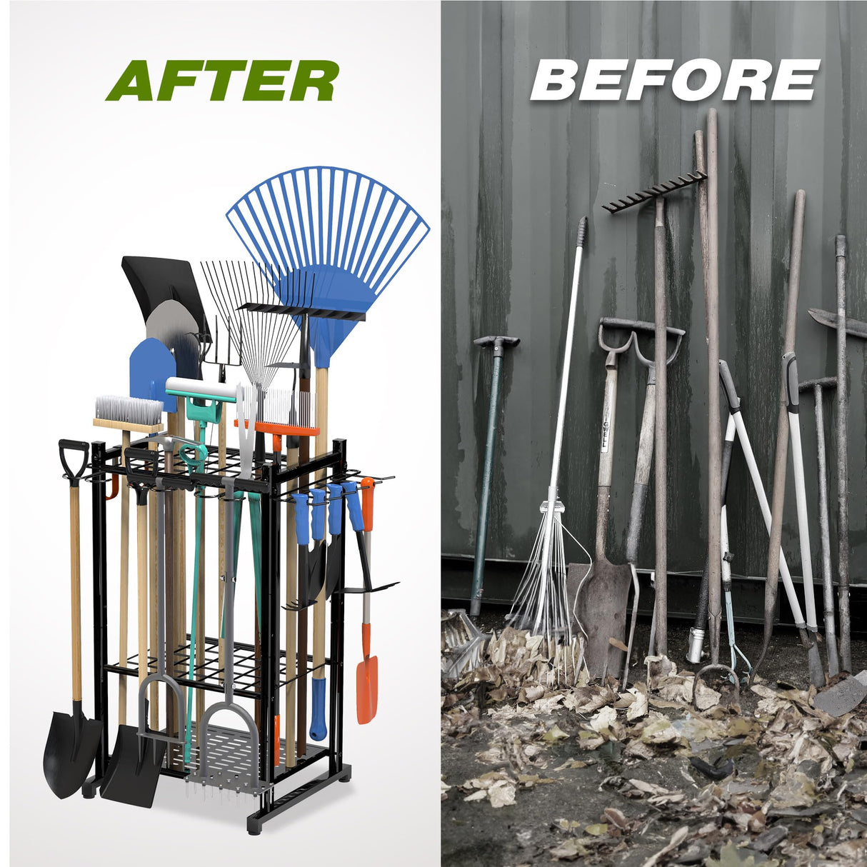 Sttoraboks Garden Tool Organizer with Storage Hooks, Yard Tool Tower Rack for Garage Organization and Storage, Up to 50 Tools, Heavy Duty Steel Sttoraboks