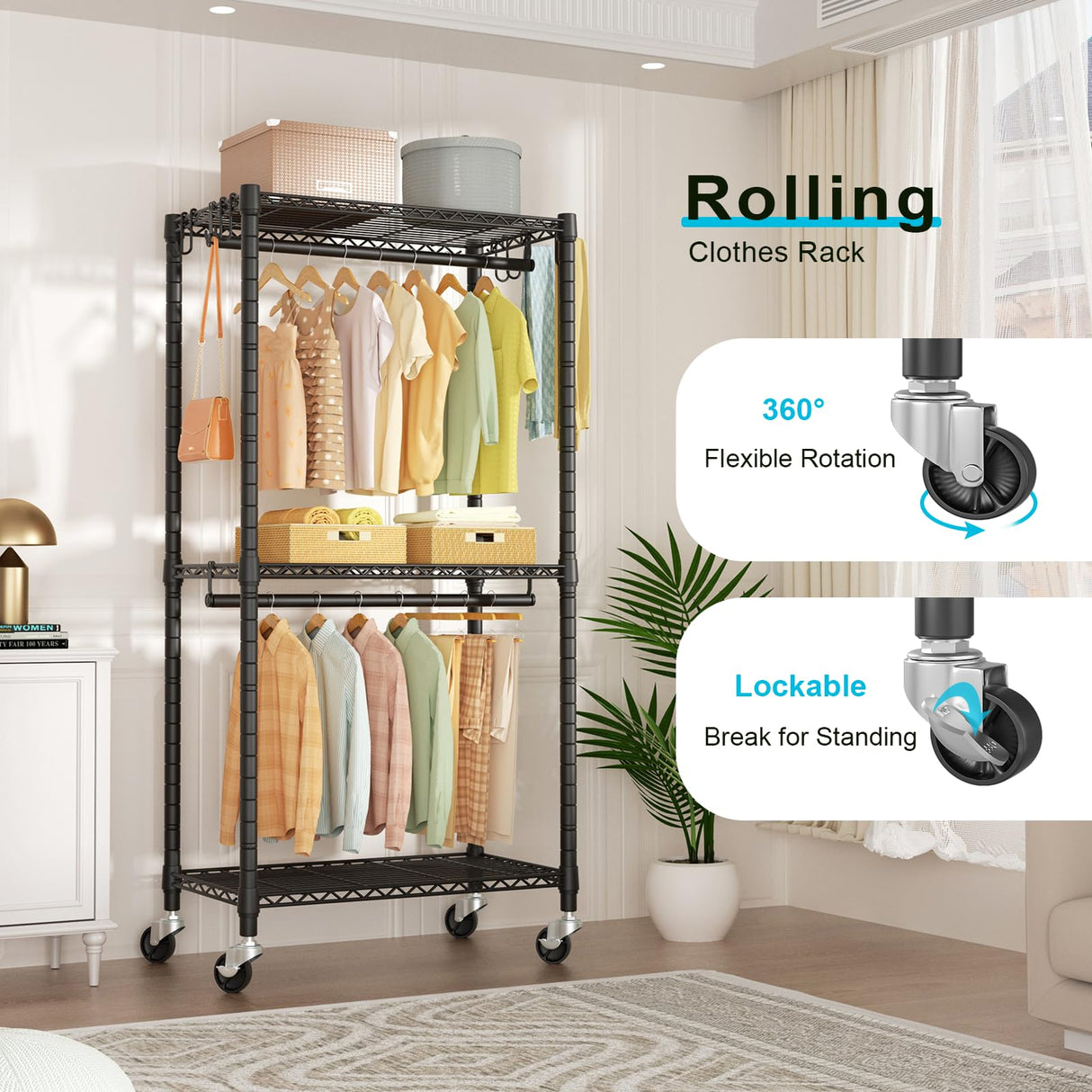 FUTASSI P5 Rolling Clothes Rack, Clothing Racks for Hanging Clothes, Freestanding Heavy Duty Garment Rack, Portable Closet Organizers System 23.6'' W FUTASSI