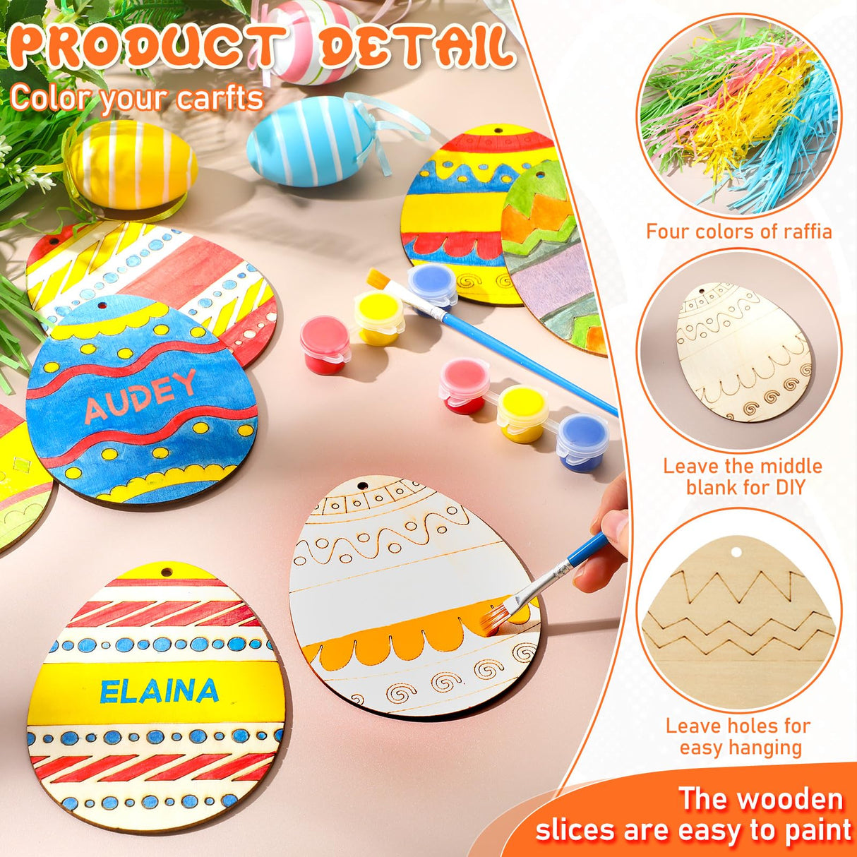 Foilswirl 30 Sets Wooden Easter Ornaments to Paint 5" DIY Unfinished Easter Egg Wood Cutouts with Grass Raffia Paper Shreds and Acrylic Paints with Foilswirl