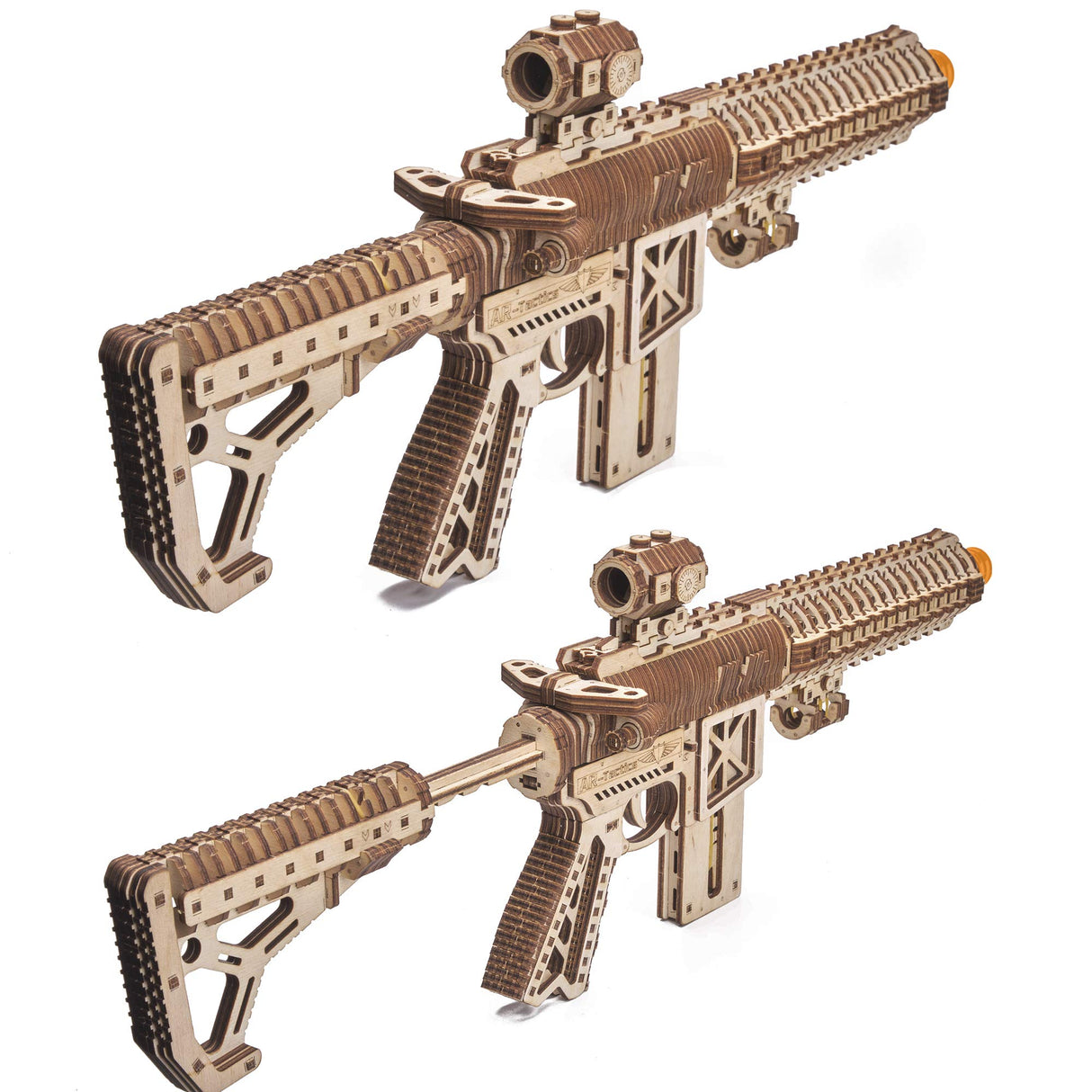 Wood Trick Assault Gun AR-T Model Kit for Adults and Teens to Build - with Telescoping Butt, Fuse, Sight and Clip for 12 Rounds - Detailed Wood Trick