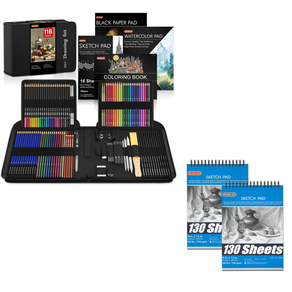 Shuttle Art Drawing Kit and Sketch Pad Bundle, Set of 116 Pack Complete Drawing Kit +260 Sheets Sketch Pad Shuttle Art