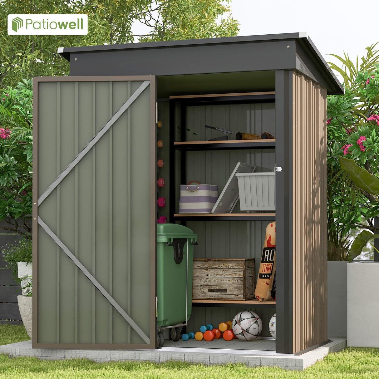 Patiowell 5x3 FT Outdoor Storage Shed, Tool Shed with Sloping Roof and Lockable Door, Metal Shed for Backyard Garden Patio Lawn, Brown Patiowell