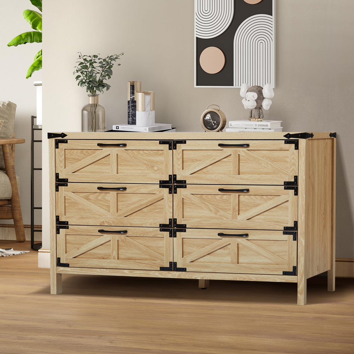 wirrytor Modern Farmhouse 6 Drawer Double Dresser for Bedroom, Wide Rustic Chest of Drawers, Wooden Dresser Chest Storage Organizer for Nursery, wirrytor