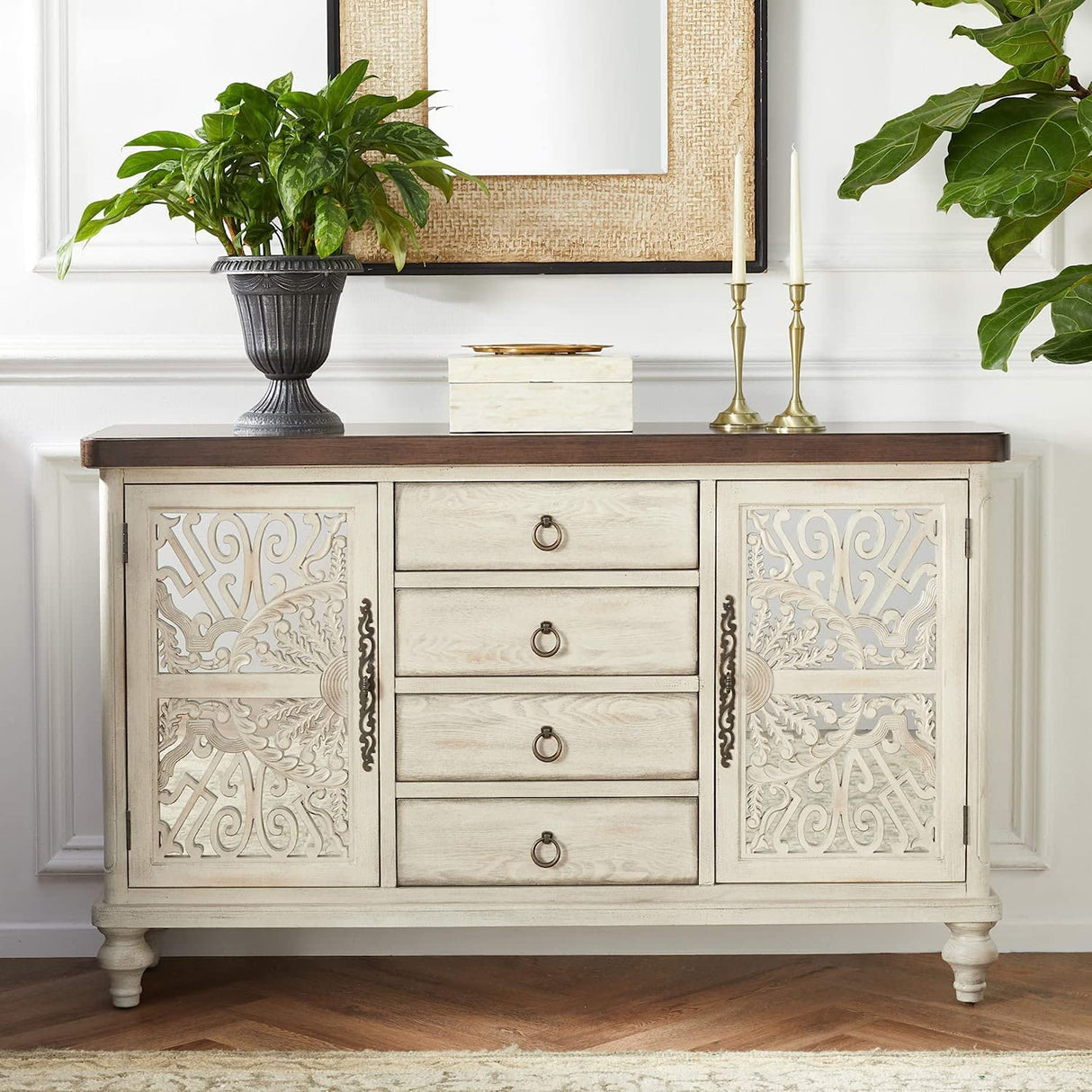 Acme Vermont 4-Drawer Wooden Console Table with 2 Door in Antique White ACME Furniture