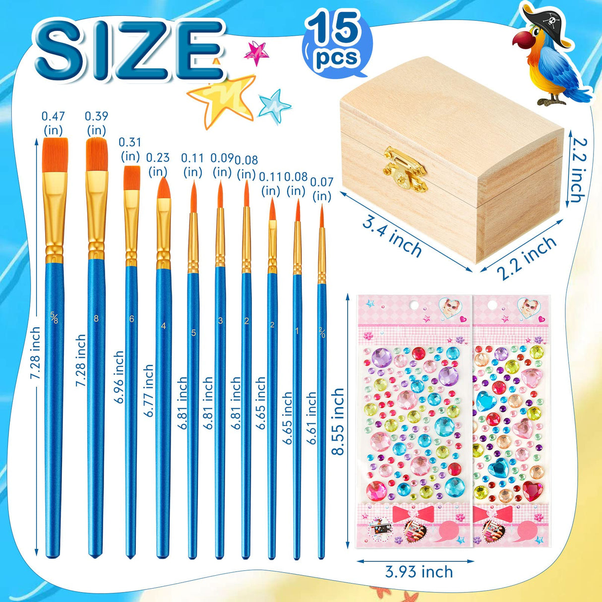 Leinuosen 15 Pcs Small Wooden Boxes with Hinged Lids 3.5 x 2.2 x 1.9 Inch Unfinished Wooden Treasure Chest Box 10 Pcs Paint Brushes with 2 Sheets Leinuosen