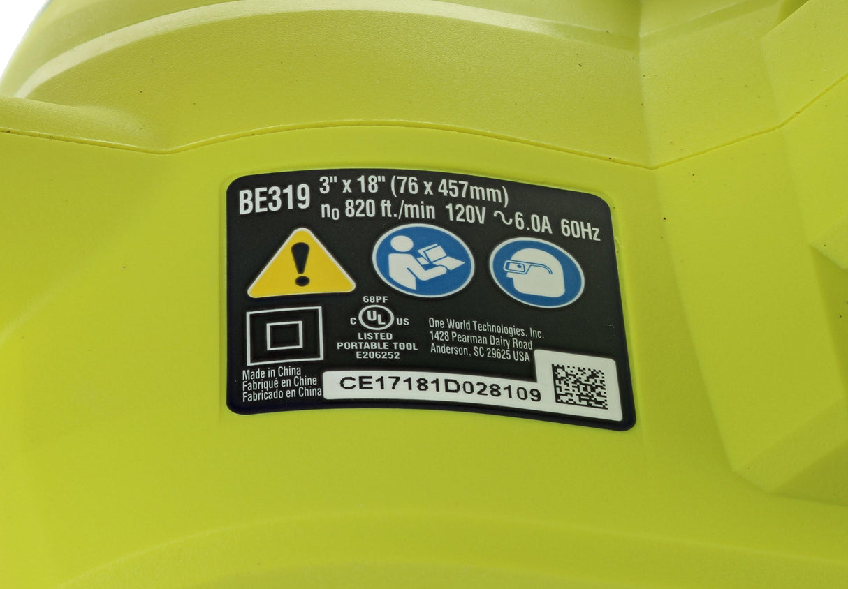 Ryobi BE319 6 Amp Portable 320 Feet / Minute Corded Belt Sander (3” x 18”) w/ Onboard Removable Dust Bag (Medium Grit Sanding Belt Included) Ryobi