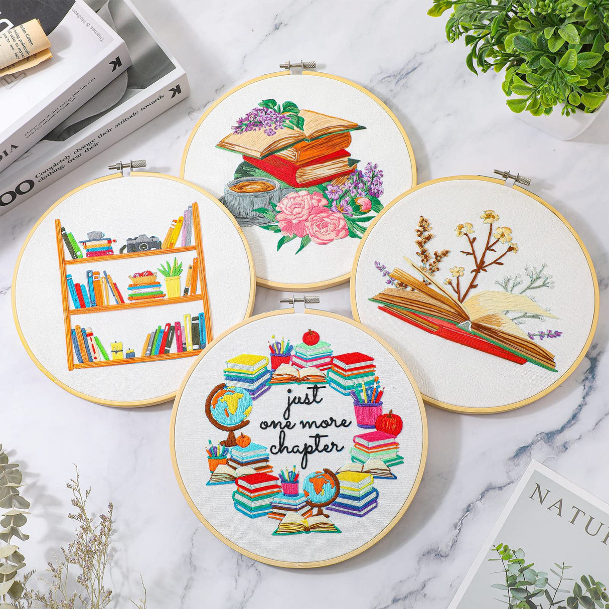 4 Set Embroidery Kit for Beginners Adults Cross Stitch Embroidery Kit for Book Lovers DIY Needlepoint Kit with Book Patterns, Instructions, Unittype