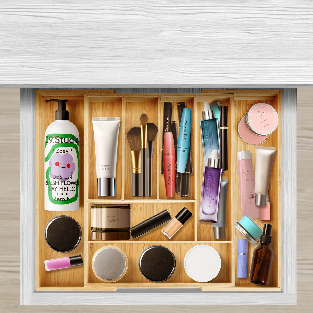 ZROOY Expandable Bamboo Kitchen Silverware Organizer Drawer for Utensils Holder and Cutlery, 8 Compartments for Drawer Tray with Grooved Drawer ZROOY