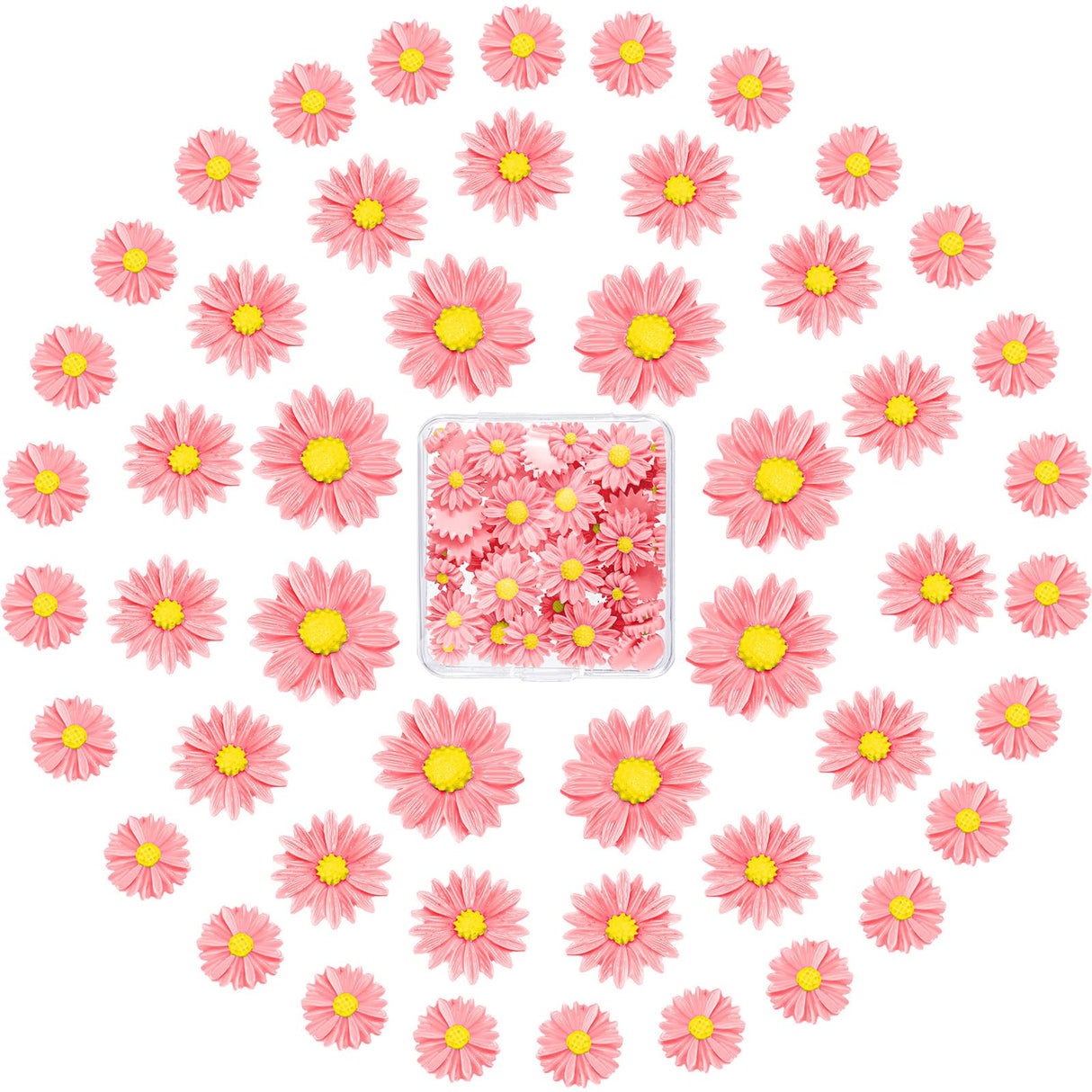 50 Pieces Flatback Resin Daisy Flowers Daisy Flower Epoxy Charms Mini Decorated Daisies Artificial with Storage Box for DIY Craft Cloth Pen Box Home Hicarer