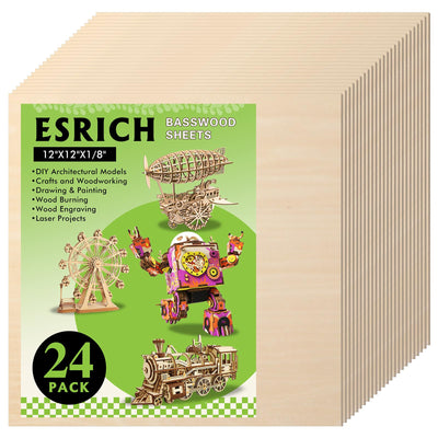 24 Pack Basswood Sheets 1/8 x 12 x 12 Inch for Crafts, Basswood Sheets Plywood Sheets for Laser Cutting & Engraving, Wood Burning, Architectural