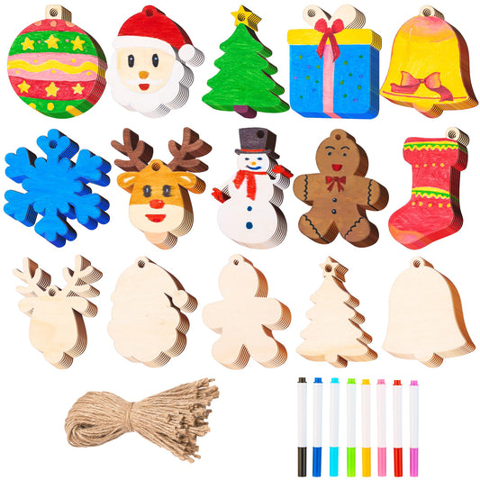 JOYIN 100 Pcs Christmas Wooden Hanging Ornaments with 8 Colored Pens, Unfinished Wood Ornaments Bulk for Kids Make Your Own Craft, Coloring Ornament