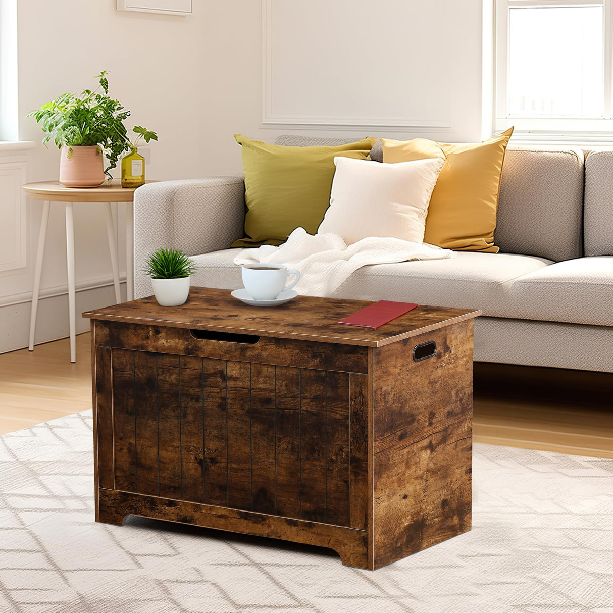 SUPER DEAL Storage Chest, 30 inches Chest Box Organizer with 2 Safety Hinges, Wooden Entryway Storage Bench, Rustic Brown SUPER DEAL