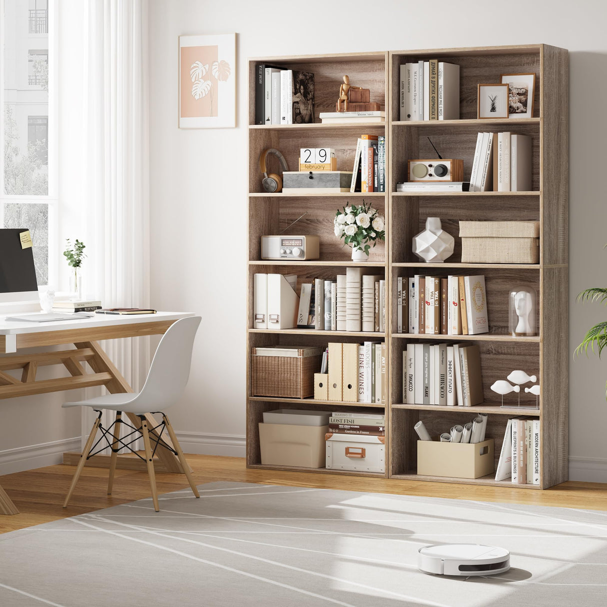 FOTOSOK 6-Tier Light Oak Open Bookcase - Freestanding Storage for Home & Office FOTOSOK