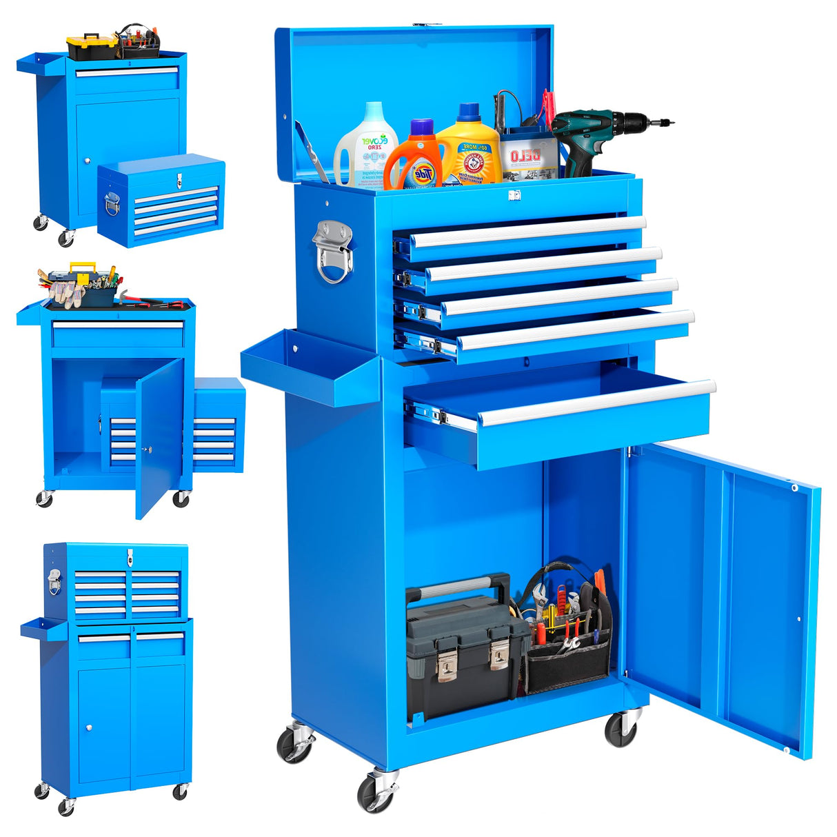 INTERGREAT Blue Tool Chest, 5-Drawer Rolling Tool Chest with Detachable Top Tool Box, Tool Chest with Universal Lockable Wheels, Metal Tool Cart for INTERGREAT