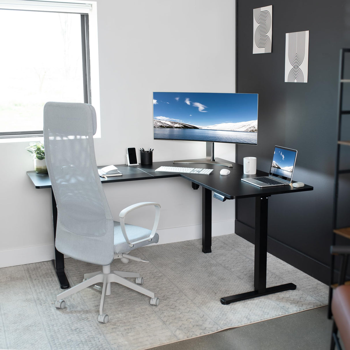 VIVO Electric Height Adjustable 63 x 55 inch Corner Stand Up Desk, Black Table Top, Black Frame, L-Shaped Standing Workstation, 3CT Series, VIVO