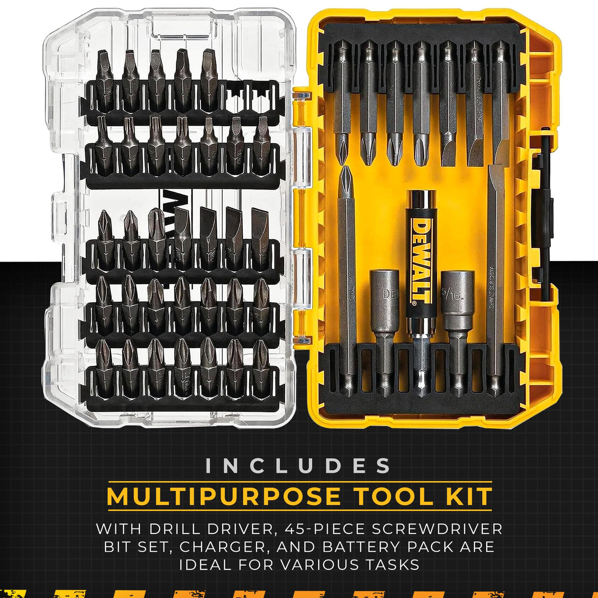 DeWalt 20V MAX Cordless Impact Driver and Drill Hand Tool Set Combo Kit with LED Flashlight, 45 Piece Drill Bit Set, and Battery Power Pack DEWALT