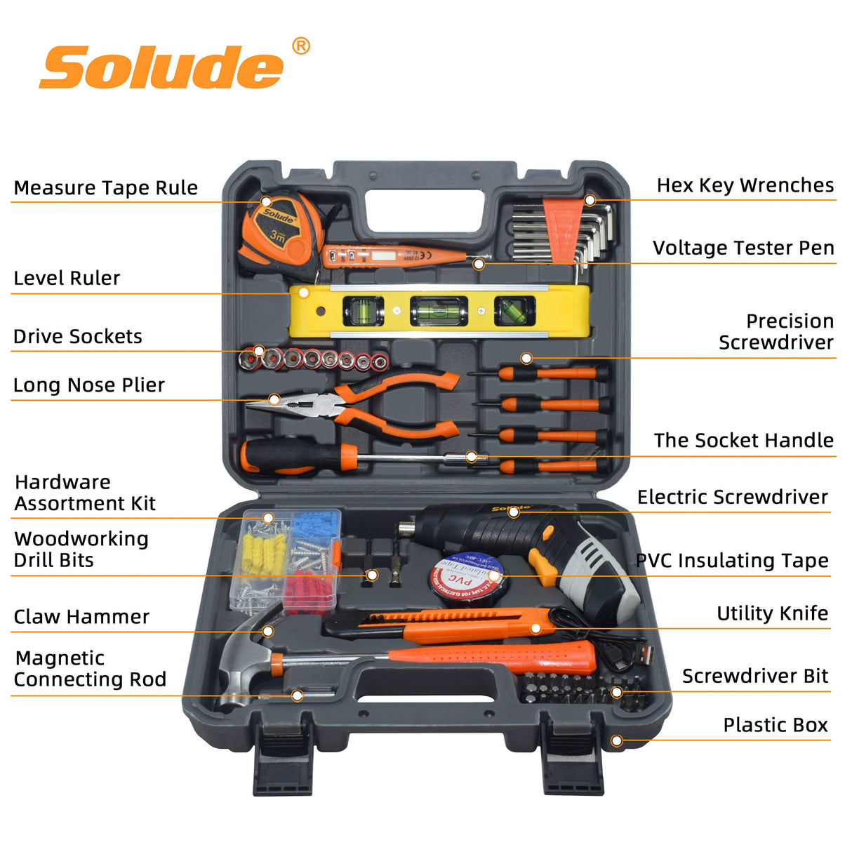 SOLUDE 130-Piece Home Tool Kit with 3.6V Cordless Rechargeable Screwdriver,Basic Women's Tool Set for New Home,Apartment,Dorm & DIY Projects SOLUDE
