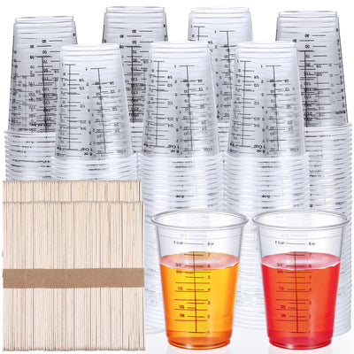 300 Pack 8 oz Disposable Measuring Cups Clear Plastic Measuring Cups with 300 Wooden Mixing Sticks Resin Mixing Cup Liquid Measuring Cups for Epoxy
