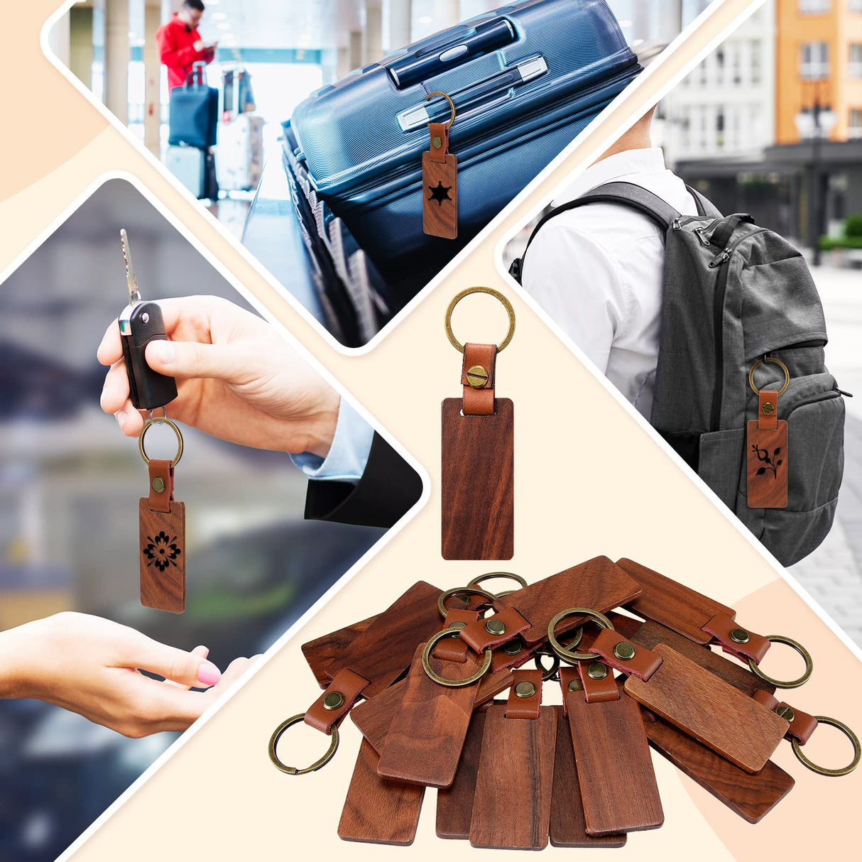 50 Pcs Leather Keychain Blanks Wooden Keychain Blanks Wood Keychain Blank Unfinished Wood Tags with Leather Strap Keyring (Walnut) Sasylvia