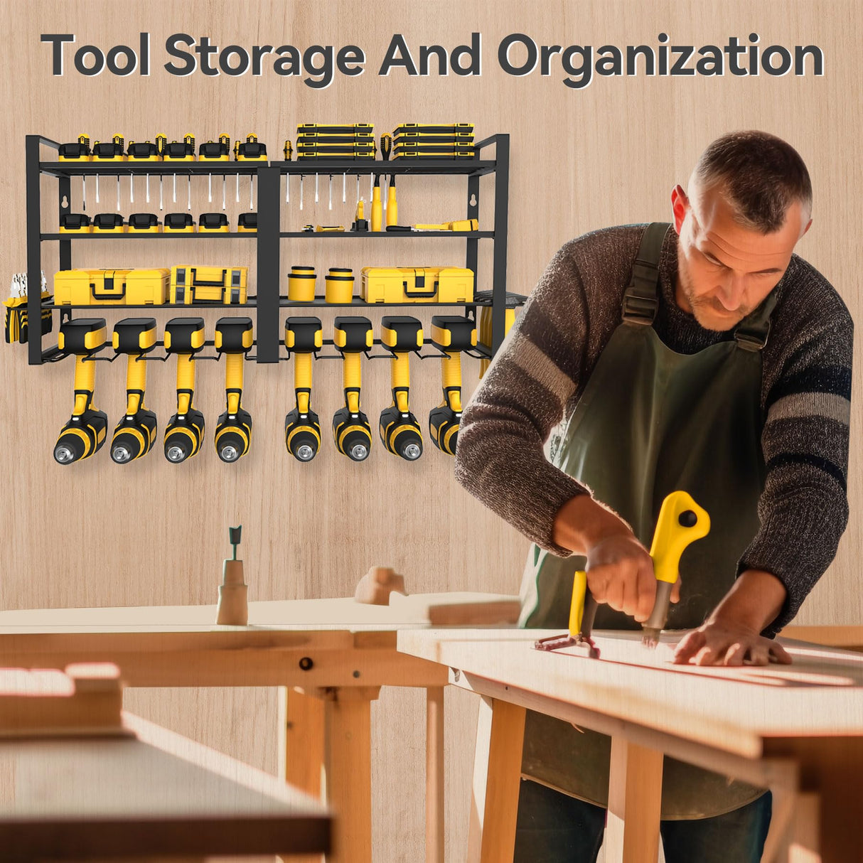 jsyonii Power Tool Organizer-4 Layers Wall Mount Garage Tool Storage Rack, 8 Drill Holder Metal Heavy Duty Tool Storage Rack, Tool Shelf with Pliers jsyonii