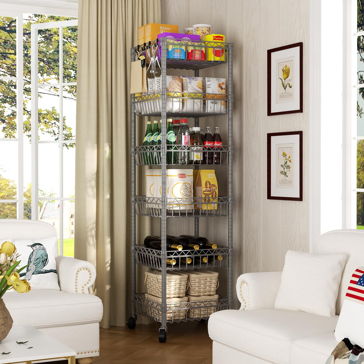 SINGAYE 6 Tier Wire Shelving Unit with Baskets Storage Rack Corner Shelf Shelving Adjustable Storage Shelf, 13.4" D x 13.4" W x 62.99" H,Silver SINGAYE