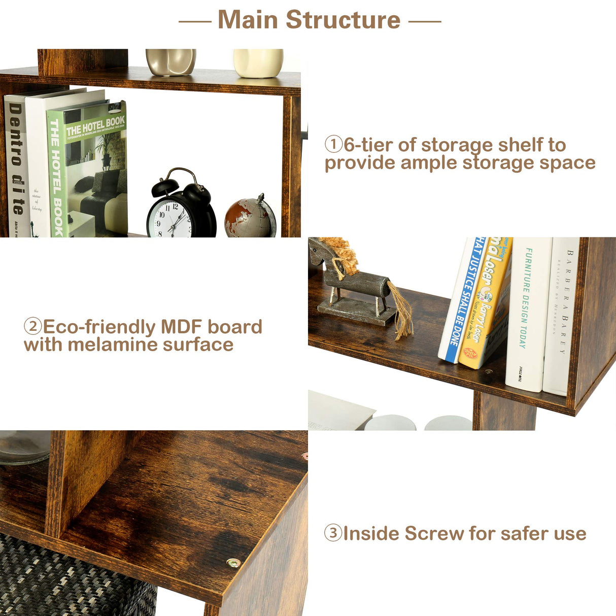 Yusong Rustic Brown 6-Tier S-Shaped Bookcase for Modern Home and Office Décor Yusong