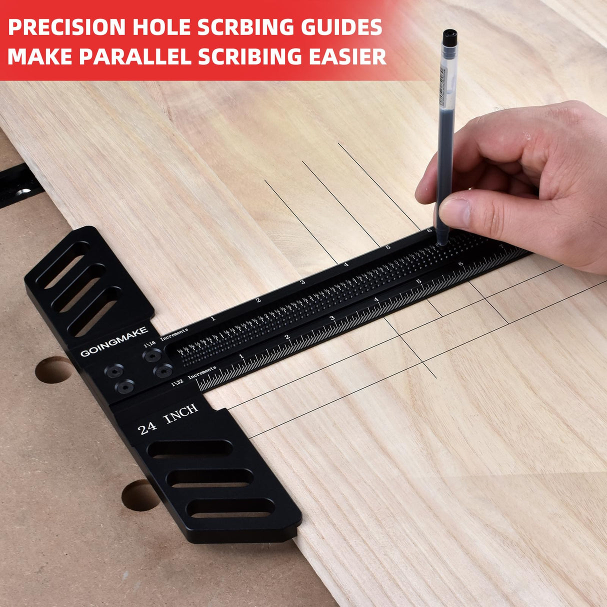 GOINGMAKE Woodworking T-Square 24 Inch Aluminum Alloy T Square Ruler 1/32" Hole Scrbing Guides Positioning Scribe Tool Precision Woodworking Ruler goingmake