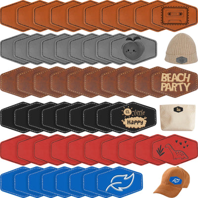 Huhumy 60 Pcs 3 x 2 Inch Blank Leatherette Hat Patches with Adhesive Rustic Leatherette Hexagon Laserable Patch Faux Leather Patches for Hats Fabric