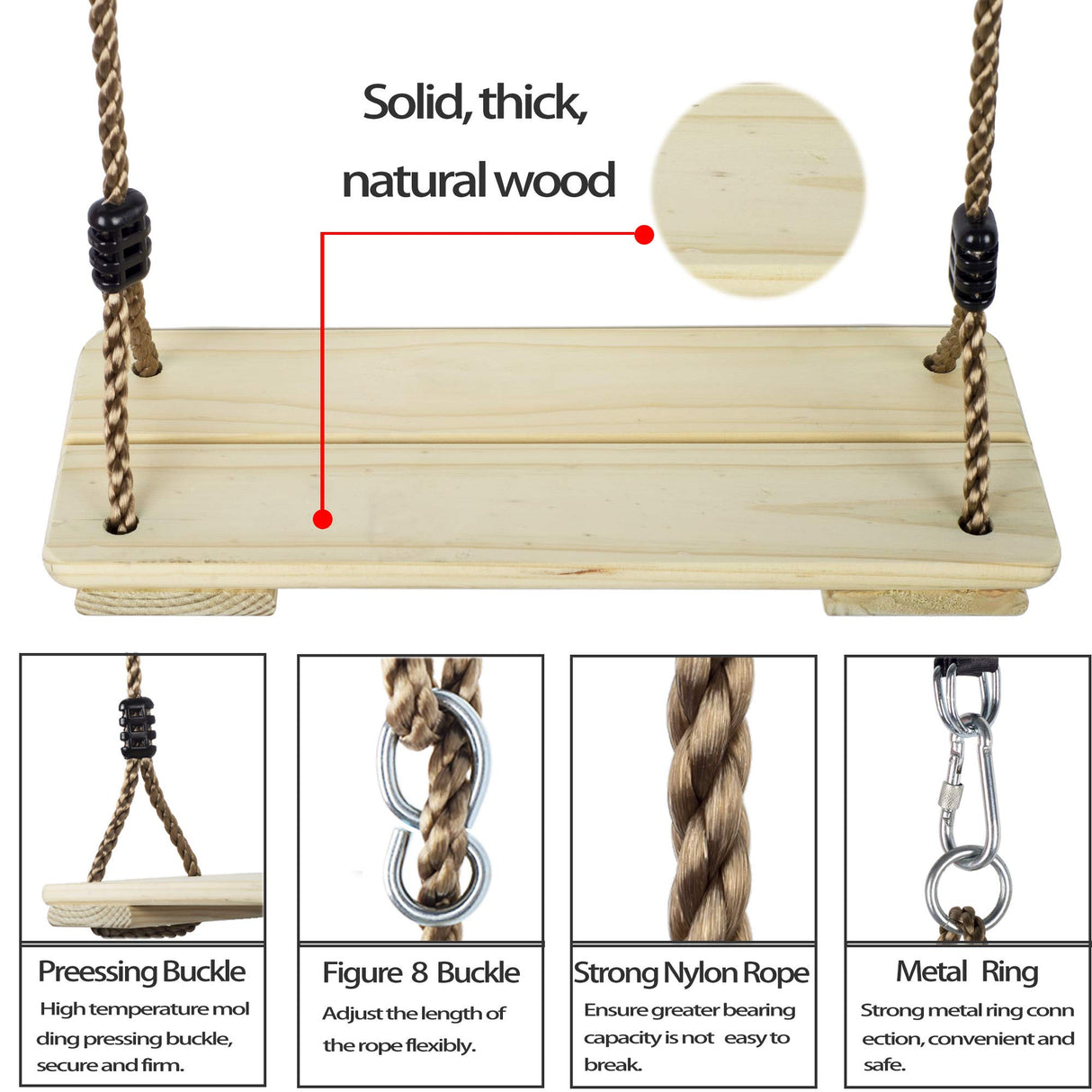 NOSTIFY Wooden Swing Seat, Nostalgic Outdoor Wood Swing for Kids, Tree Swing for Adults, Connecting Straps Swing Set Accessories for Backyard Patio NOSTIFY