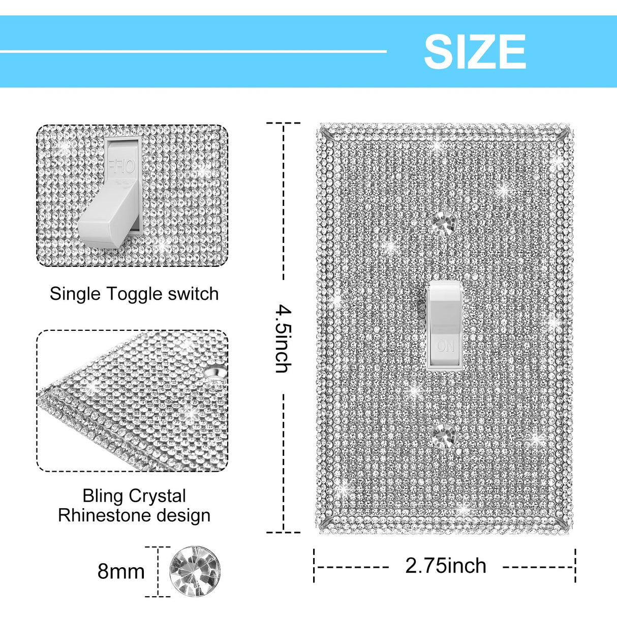 2 Pcs Bling Outlet Covers Rhinestone Light Switch Cover Metal Wall Plate Stainless Steel Outlet Standard Size 4.5 x 2.75 Inch for Switch Receptacle Jutom