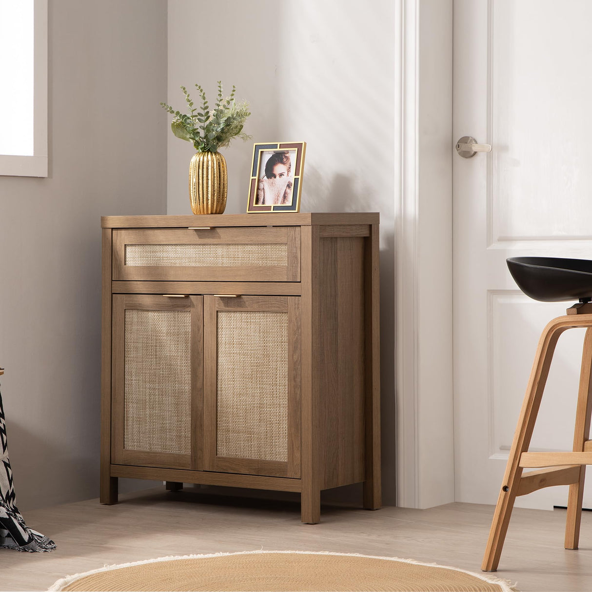 SICOTAS Sideboard Buffet Cabinet Set of 2, Rattan Credenza Storage Cabinet, Boho Buffet Table Console Cabinet with Drawer, Farmhouse Coffee Bar SICOTAS