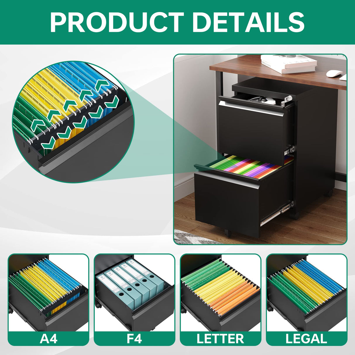 Letaya Mobile File Cabinet with Lock,2 Drawer Under Desk Metal Rolling Filing Cabinets for Home Office Organizer Letters/Legal/A4(Required Letaya