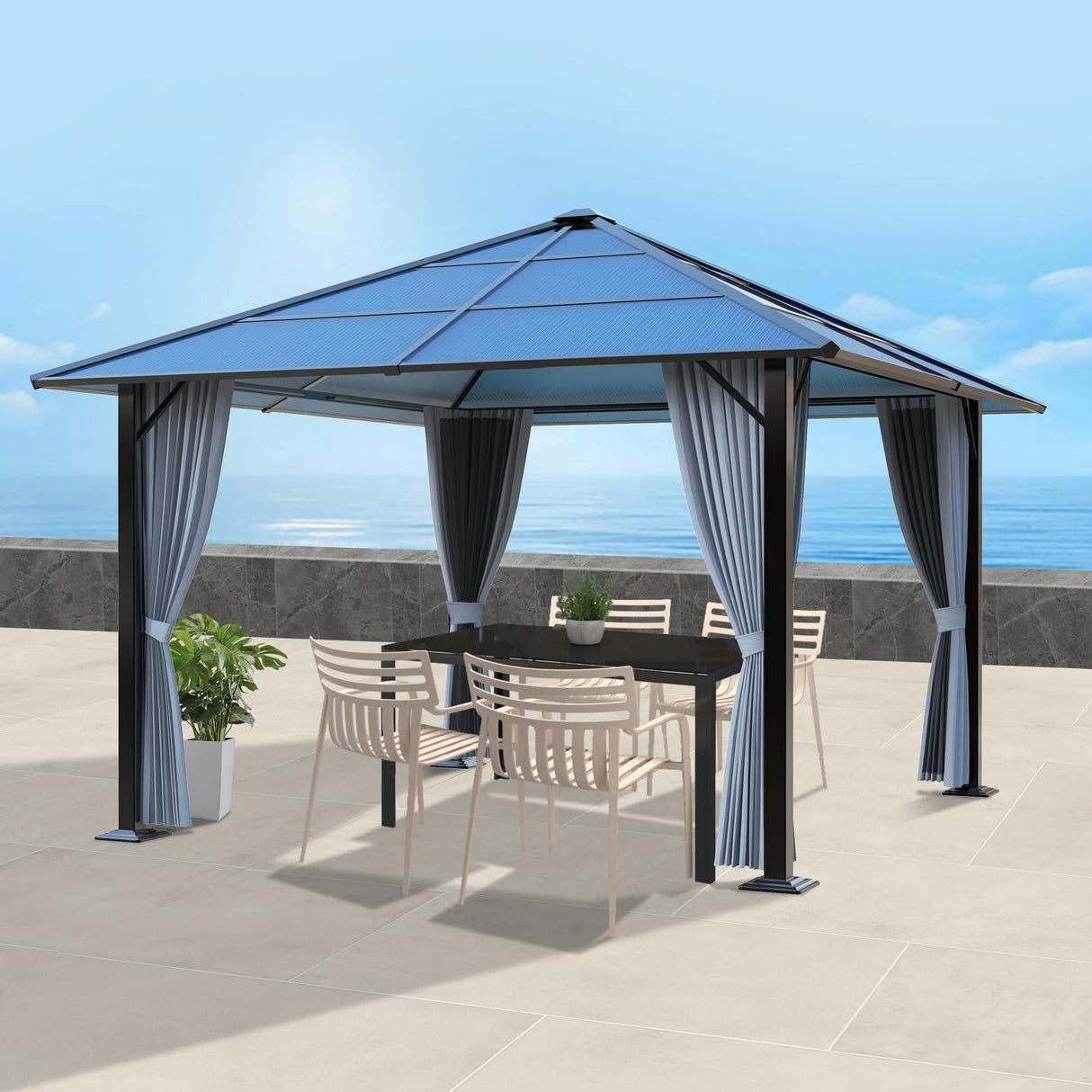QZEN 10'x10' Hardtop Gazebo, Outdoor Polycarbonate Gazebo, Metal Frame Permanent Pavilion with Curtains & Netting for Backyard, Patio, Deck (10'x10' QZEN