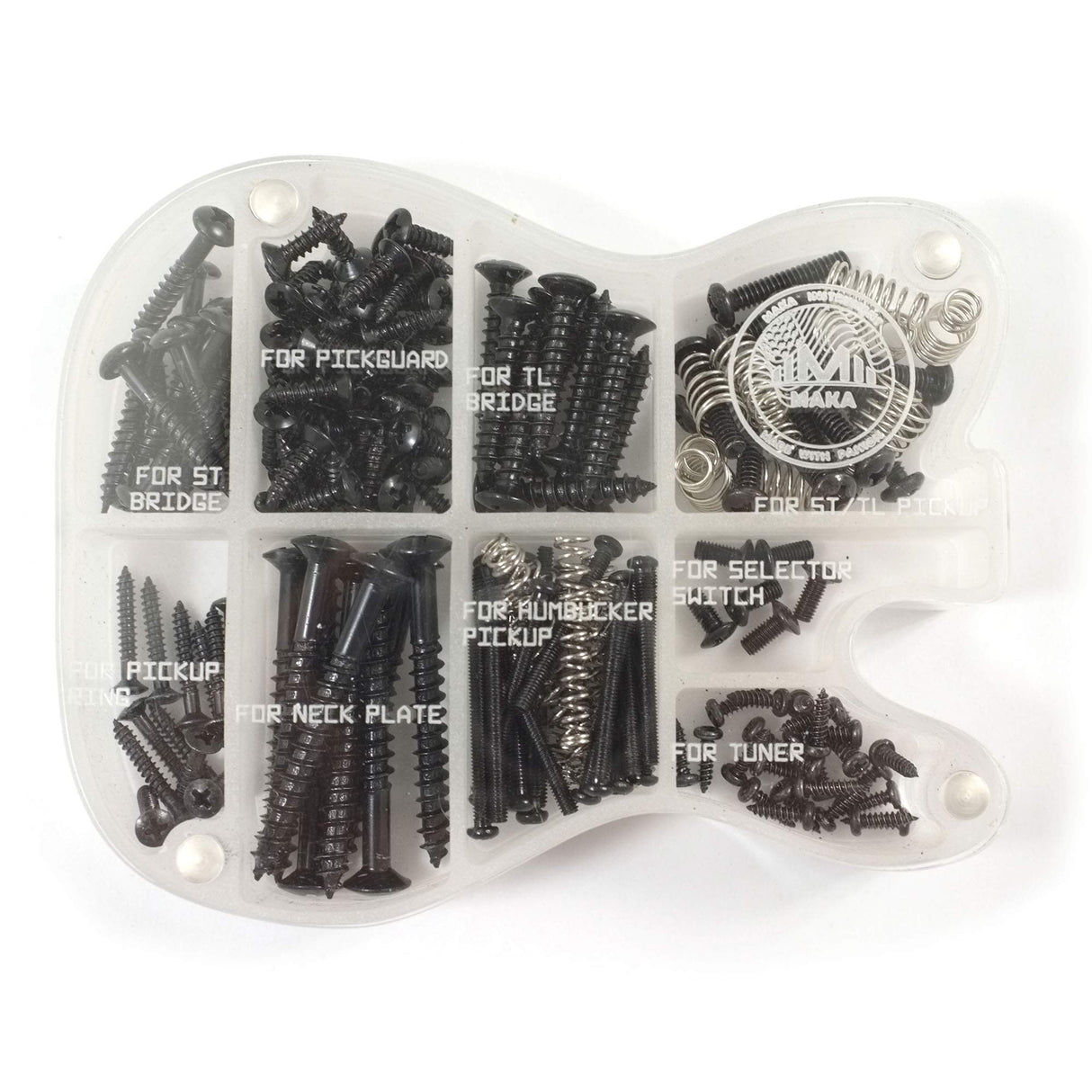 MAKA Guitar Screw Kit Assortment with Custom Acrylic Storage Box for Electric Guitar Bridge, Pickup, Pickguard, Tuner, Switch, Neck Plate, with M MAKA