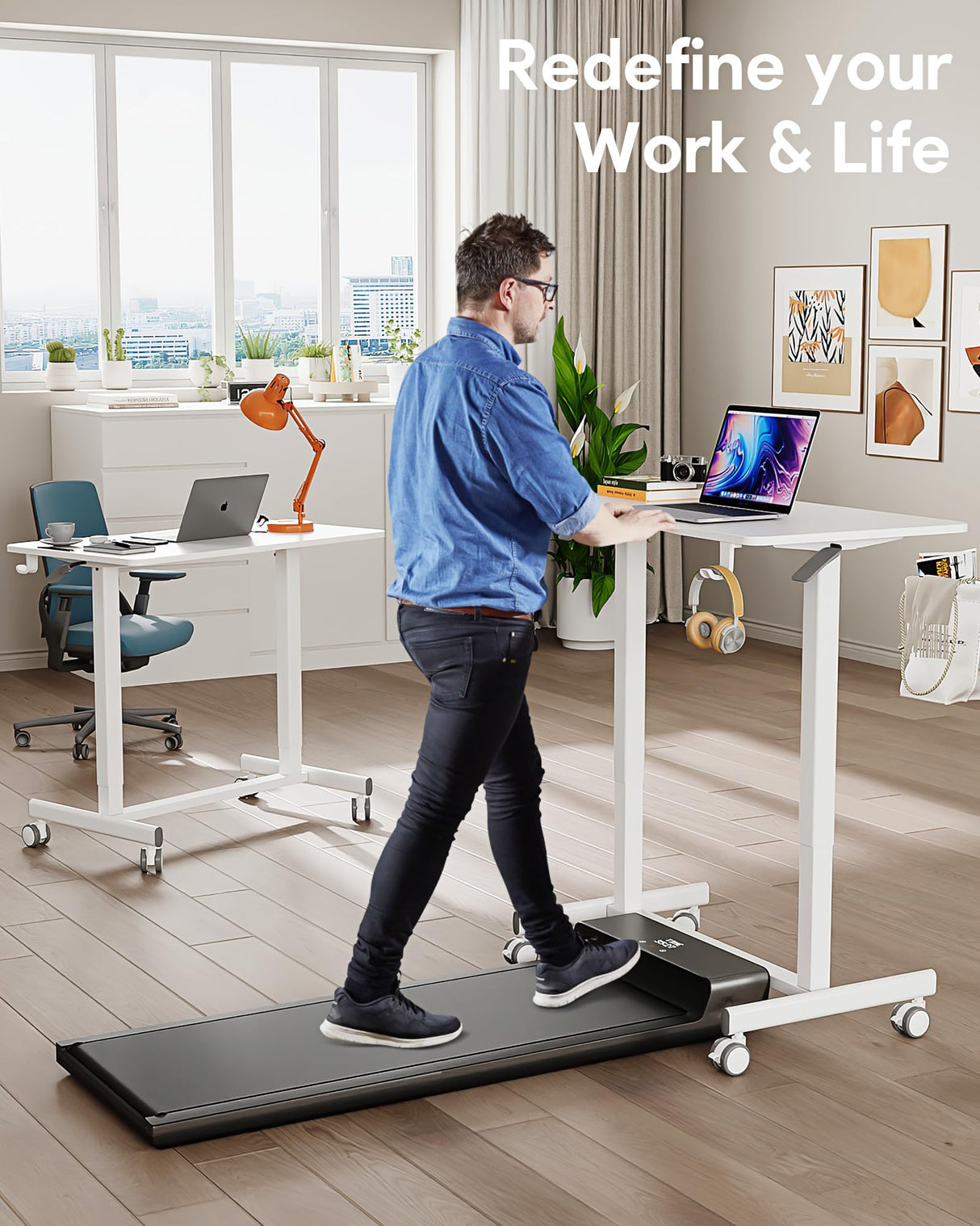 JOY worker Mobile Standing Desk, 35In Small Standing Desk with Curved Desktop, Pneumatic Height Adjustable Rolling Desk Holds Up to 33lbs, White JOY worker