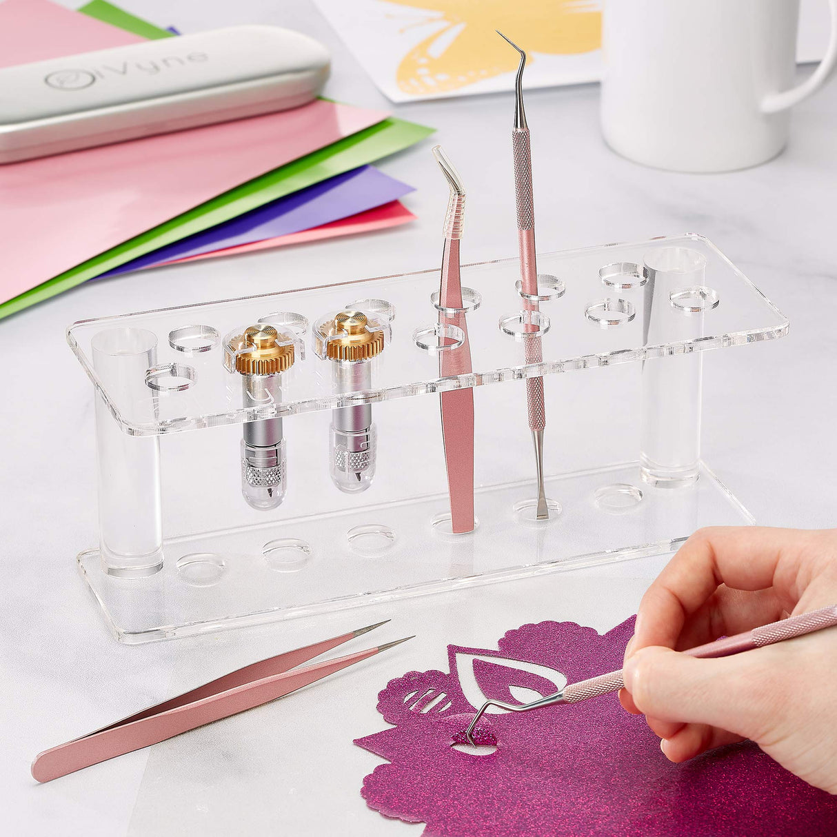 Premium Vinyl Weeding Tool Kit - Precision Stainless Steel Weeder - Hook and Pick with Fine Tweezers Crafting Set for Cricut Vinyl - by iVyne (Rose iVyne