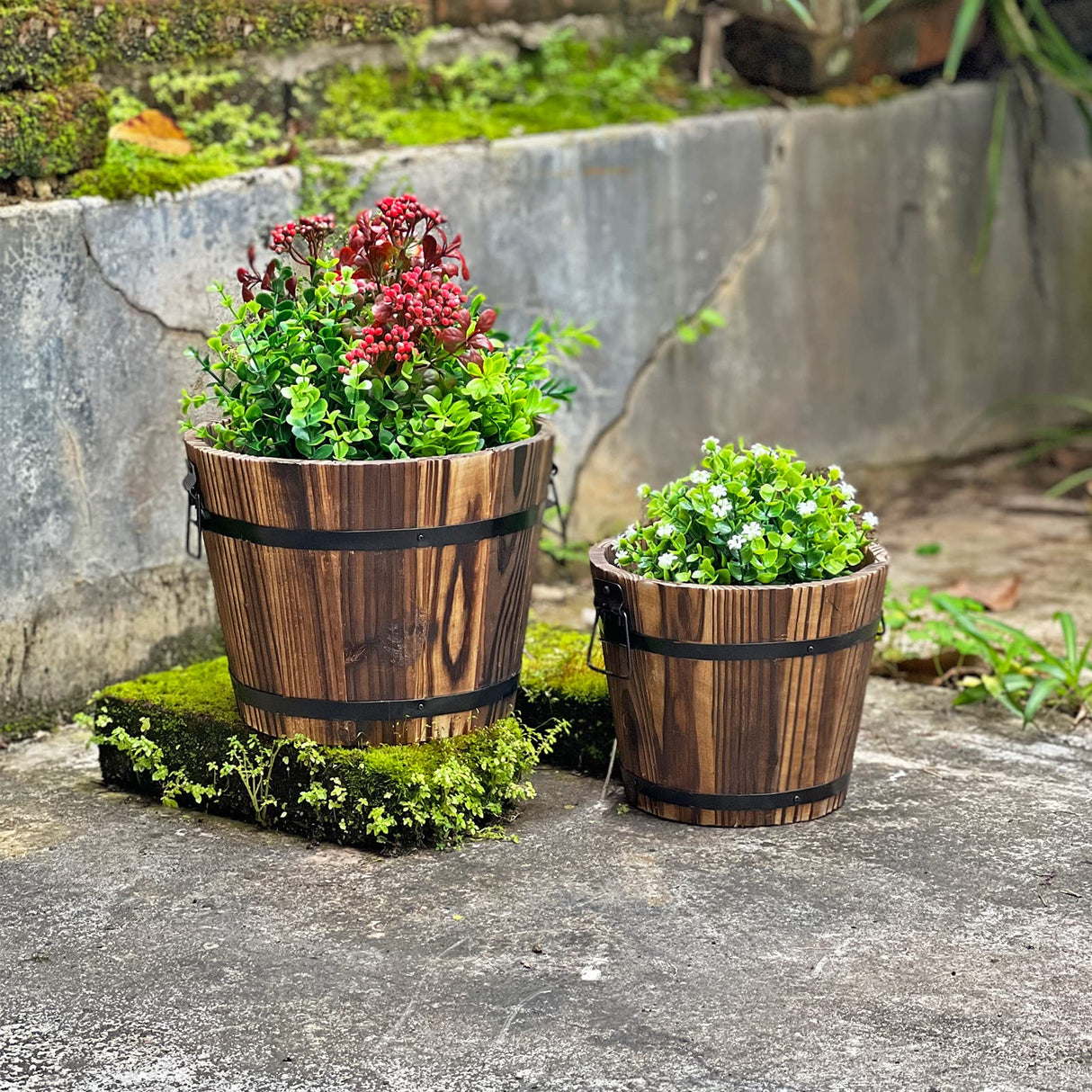 Small Wooden Bucket Barrel Planters – 6.3’’+5.3'' Rustic Flower Planters Pots Boxes Container with Drainage Holes for Indoor Home Decor Small Plants, HappyDecor