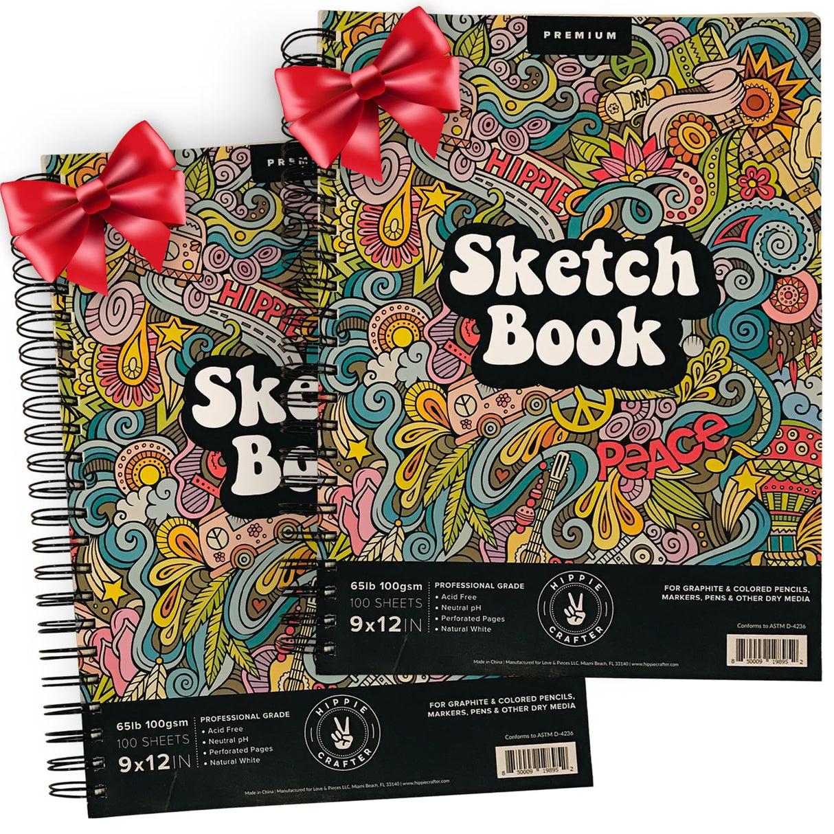Marker Sketch Book Pack 9 x 12 inches Sketchpad, 2 Pack Pads 100 Sheets Marker Sketchbook for Drawing Spiral Sketch Book Bound 65lb Sketch Book for HIPPIE CRAFTER