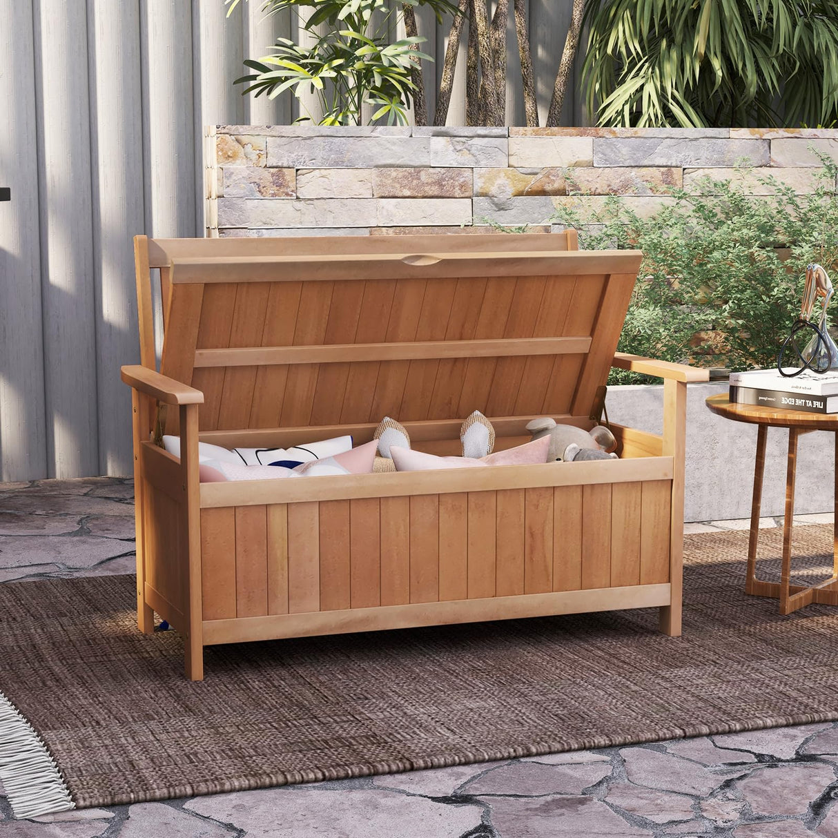Tangkula 48 Inch Hardwood Patio Storage Loveseat with Versatile Flip Top Design Tangkula