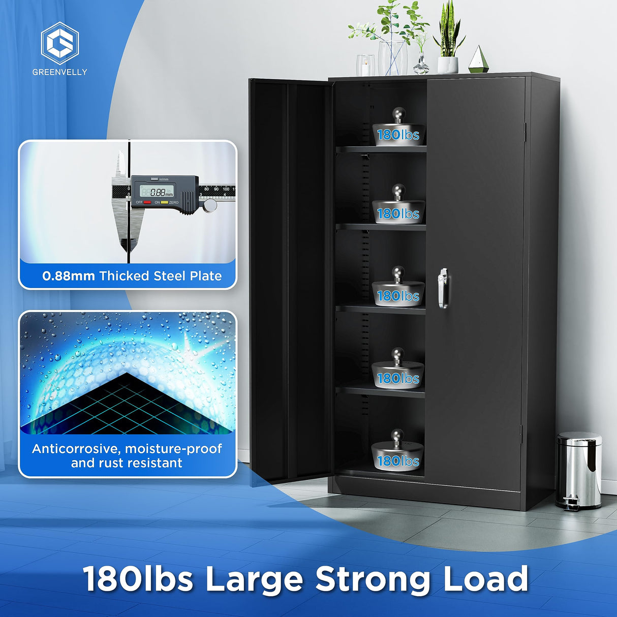 Greenvelly Metal Storage Cabinet, 72" Black Locking Storage Cabinets with Doors and 4 Shelves, Tall Tool Storage Cabinet for Garage, Steel Lockable Greenvelly