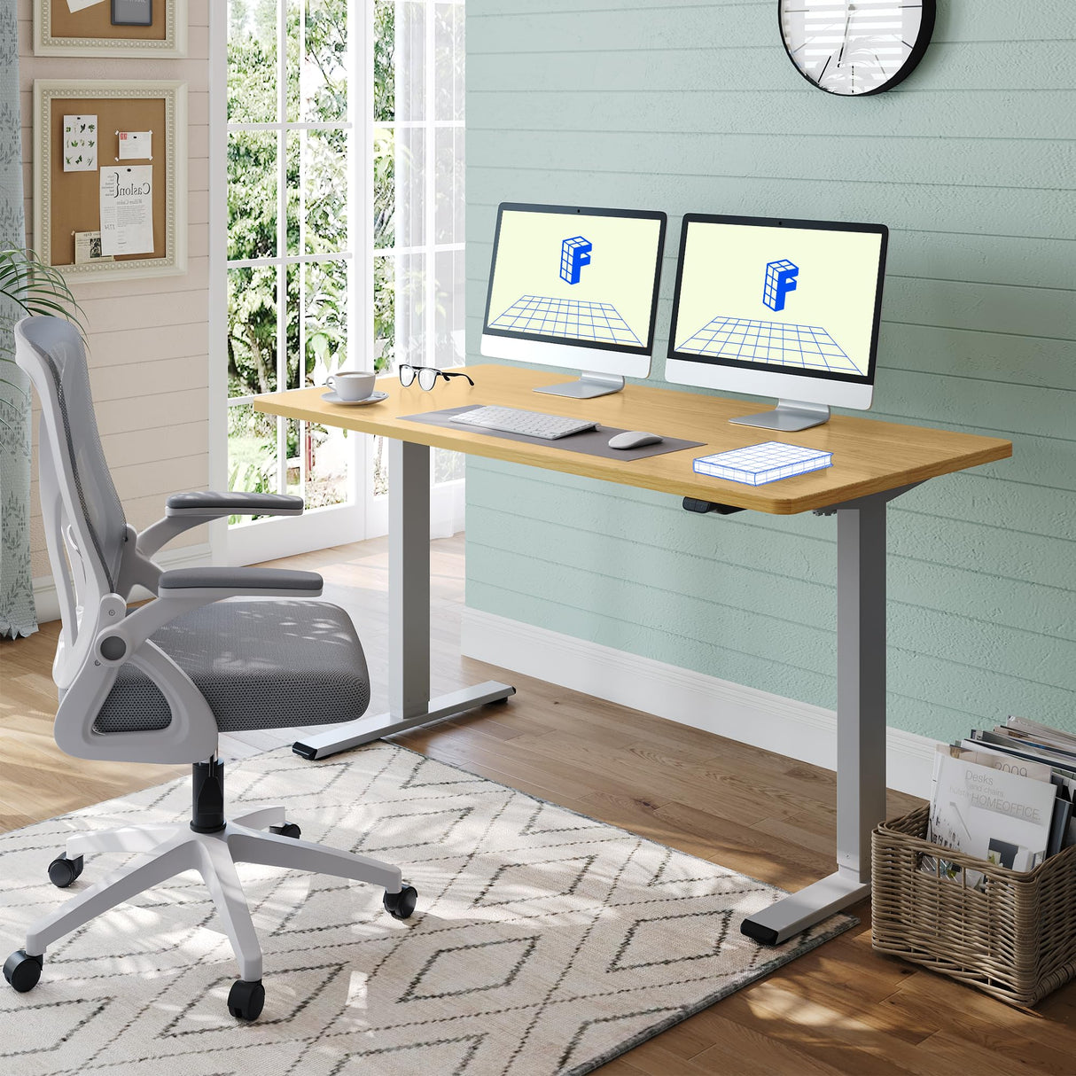 FLEXISPOT Height Adjustable Desk 55 x 28 inch Electric Standing Desk Whole-Piece Desk Board Stand Up Desk for Home Office (Gray Frame + 55" Natural FLEXISPOT