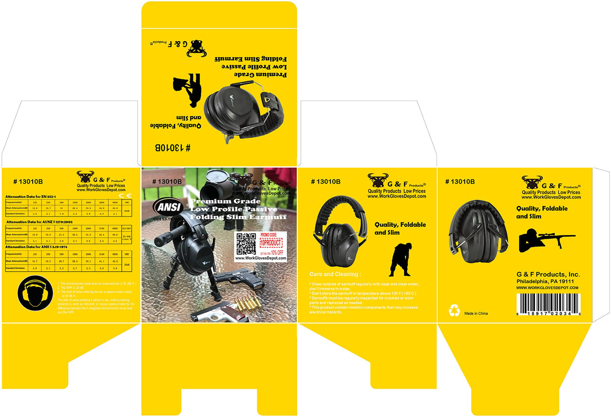 Earmuffs hearing protection with low profile passive folding design 26dB NRR and reduces up to 125dB, black G & F Products