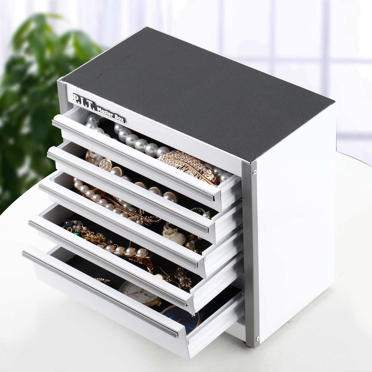 P.I.T. Mini White Tool Box, Portable 5-Drawer Micro Roll Cab Steel Tool Box with Liner, White Small Tool Case for Tools Storage, Home DIY P.I.T.