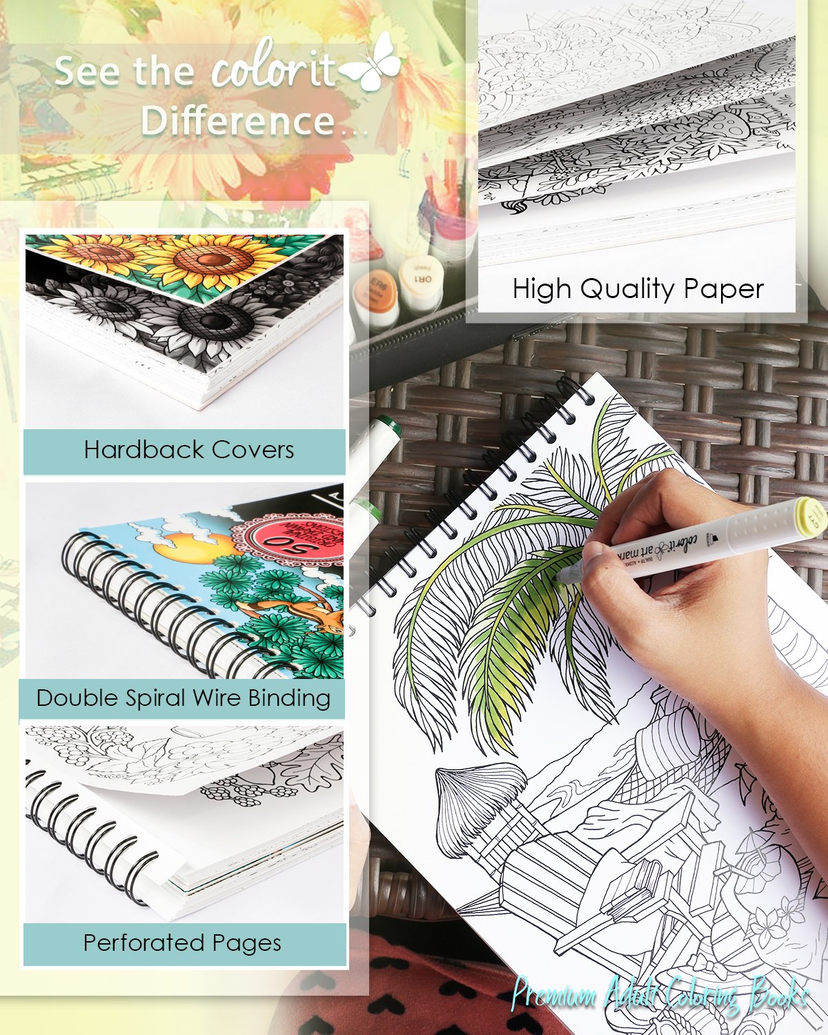 Blissful Scenes Adult Coloring Book - Features 50 Original Hand Drawn Designs Printed on Artist Quality Paper, Hardback Covers, Spiral Binding, ColorIt