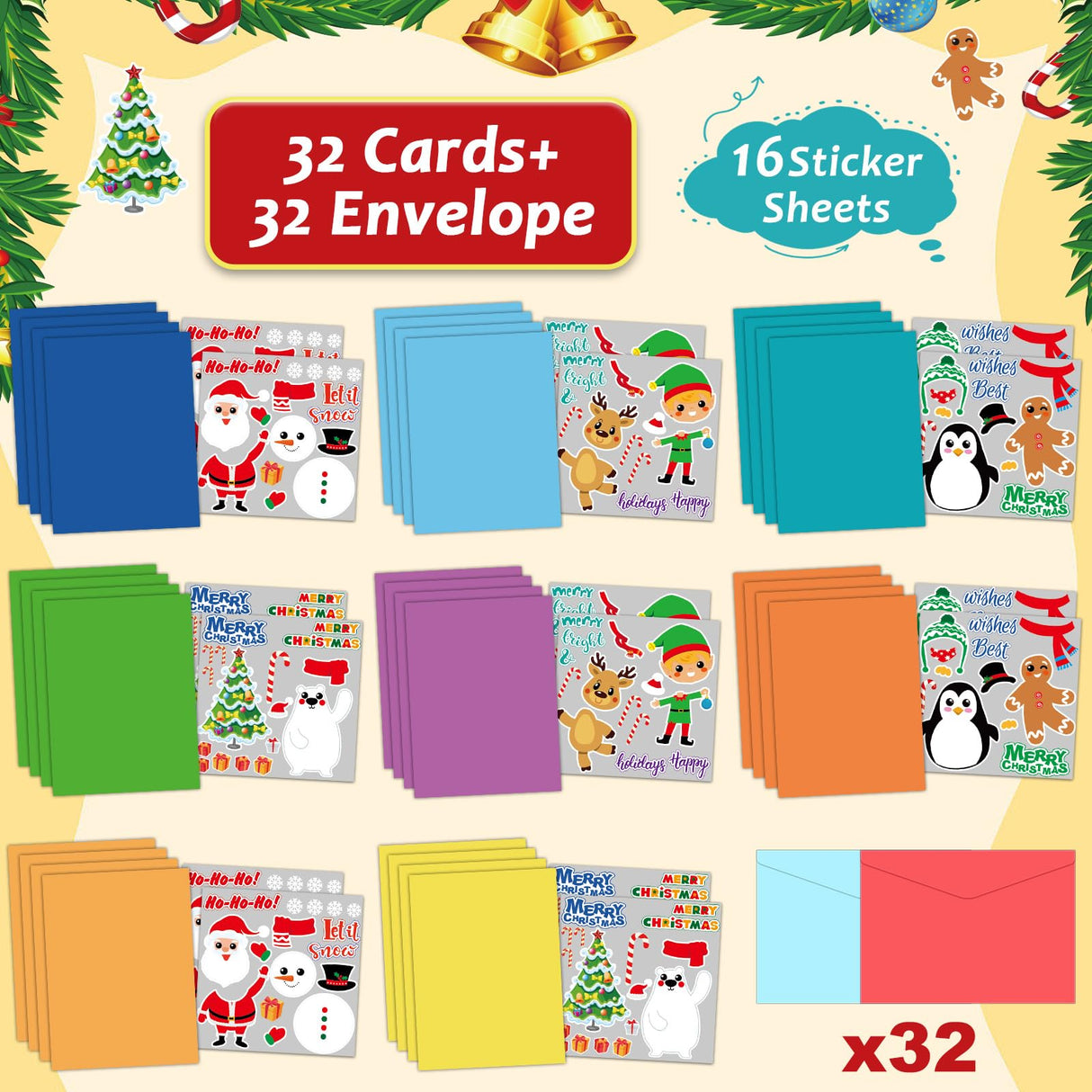Qyeahkj 32pcs Christmas Card Making Crafts Kits for Kids, DIY Paper Greeting Card Envelopes Handmade Craft for Girls Boys Families Home Classroom Qyeahkj