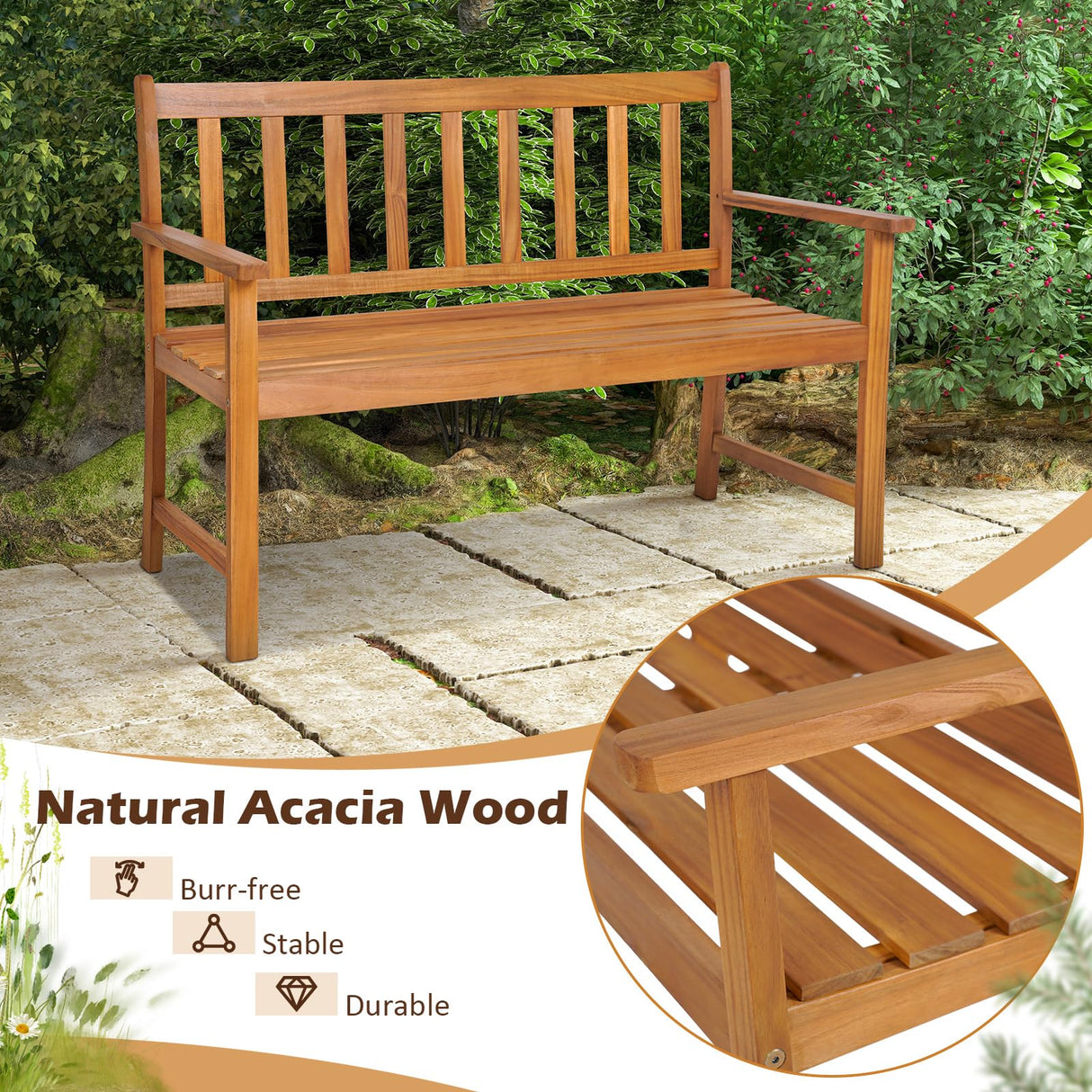 Tangkula Natural Acacia Wood 2-Person Garden Bench with Backrest and Armrests Tangkula