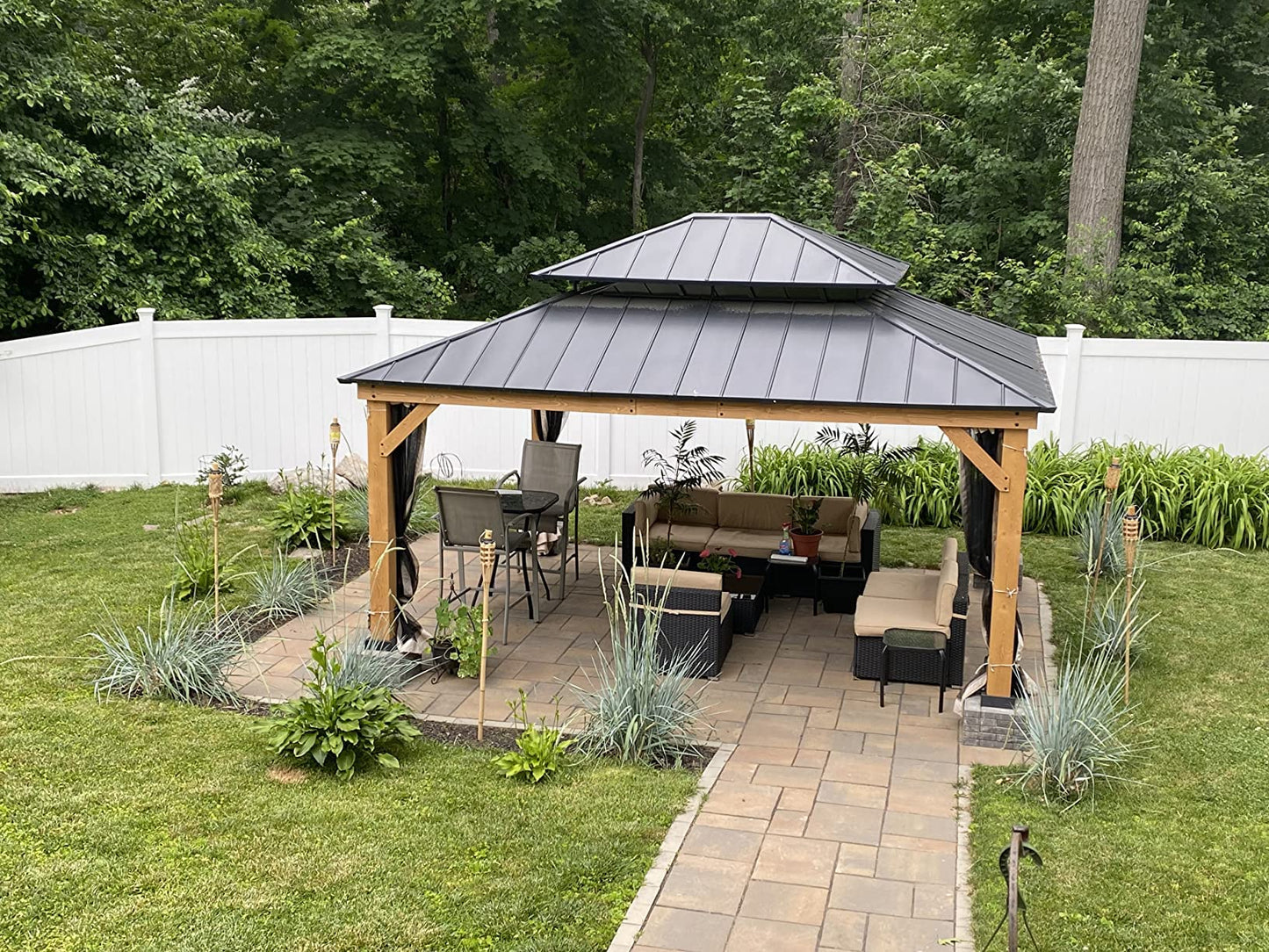YOLENY 13' x 15' Wood Gazebo, Spruce Frame Outdoor Hardtop Gazebo with Metal Roof, Privacy Curtains and Nettings for Patio, Garden, Backyard