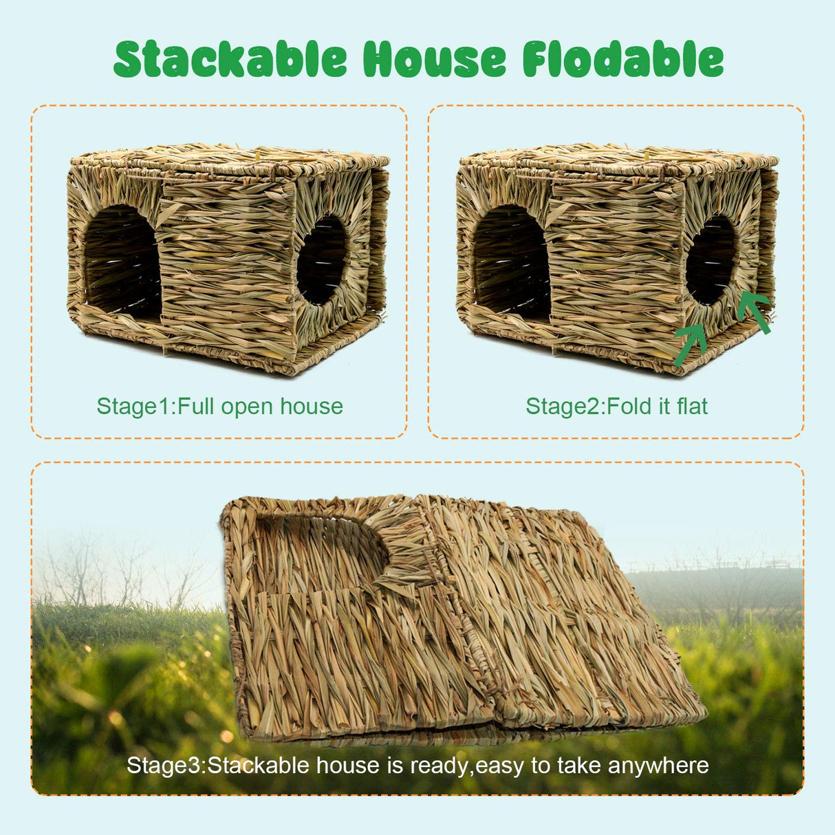 BWOGUE Extra Large Grass House for Rabbits,Hand Crafted Natural Grass Hideaway Foldable Bed Hut with Openings Playhouse for Bunny Guinea Pig BWOGUE