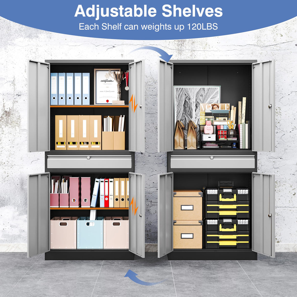 LISSIMO Metal Garage Storage Cabinet with Drawer, 71" Garage Storage Cabinet with Adjustable Shelves and 4 Doors, Lockable Lateral File Cabinet for LISSIMO