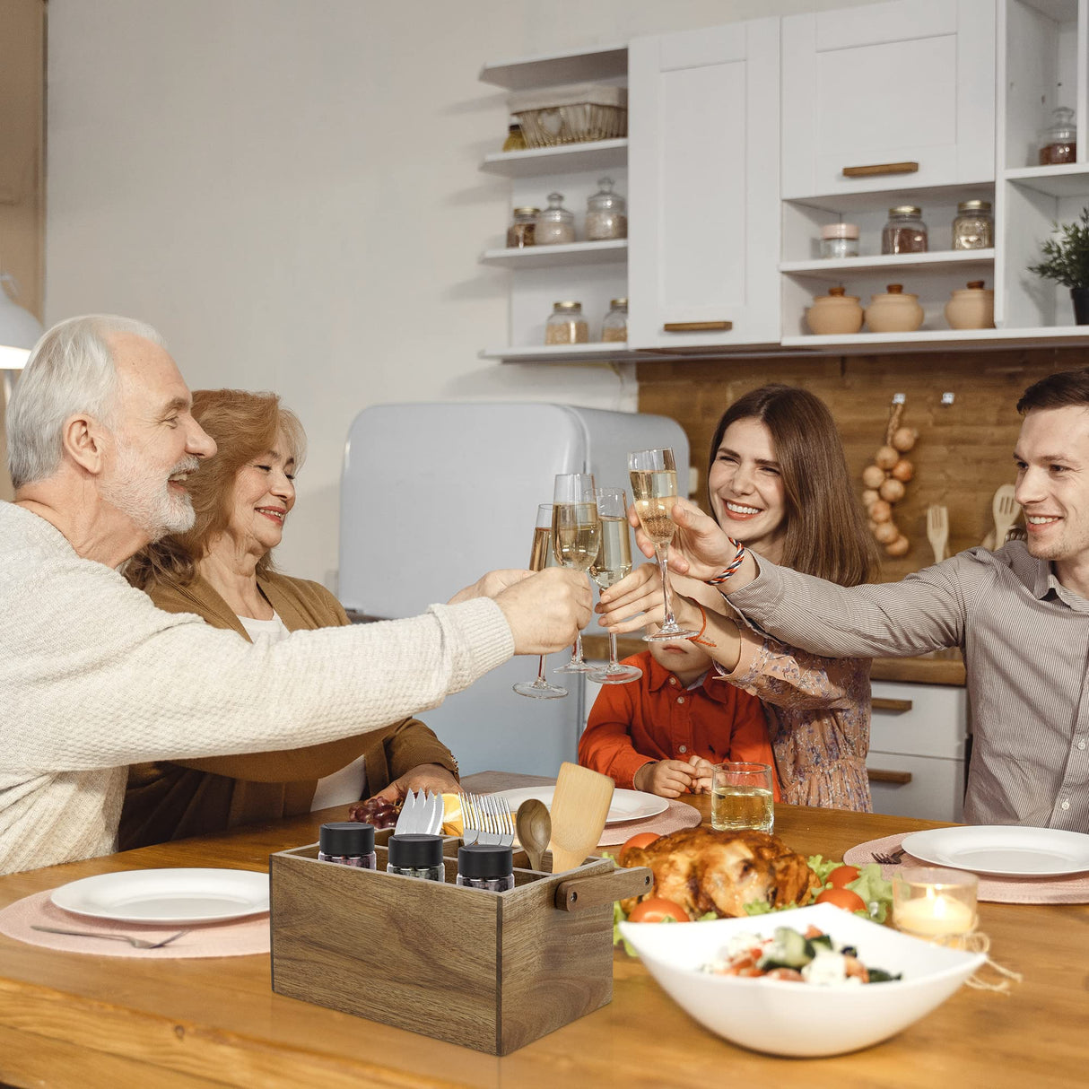 VaeFae Acacia Silverware Caddy with Handle, Wooden Utensil Holder, Mulip-pose Organizer for Kitchen, Office, Bathroom, Bedroom VaeFae